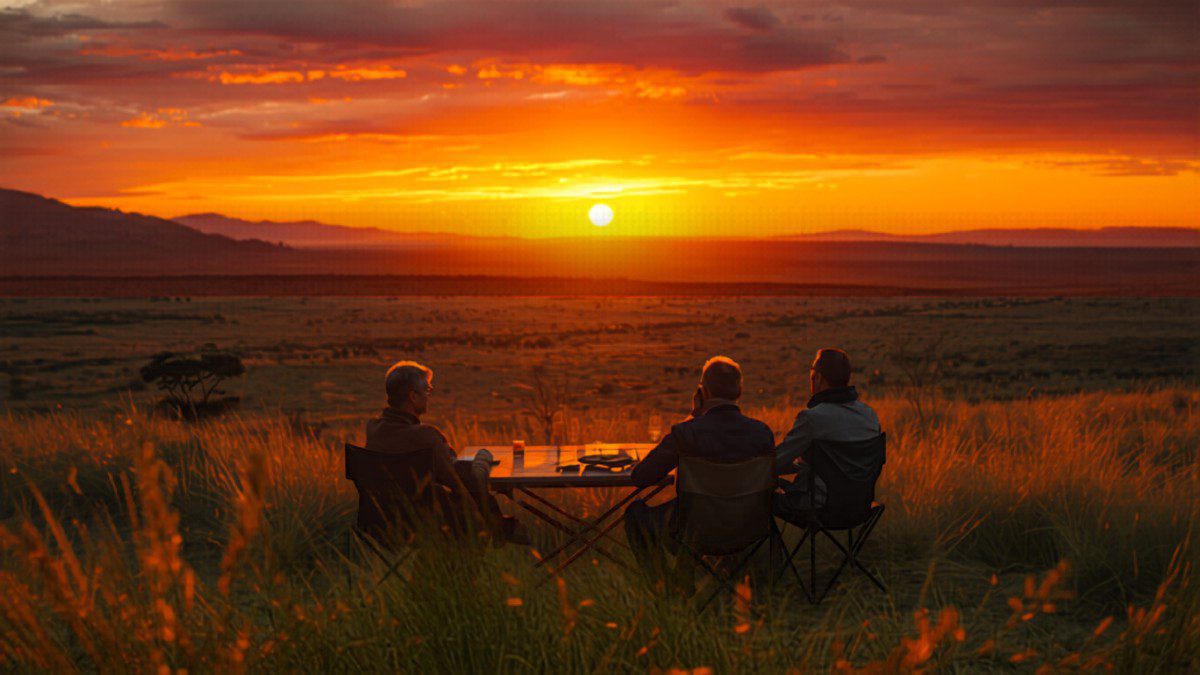 Guests watching wildebeest from a safe river viewpoint with guide standing beside vehicle