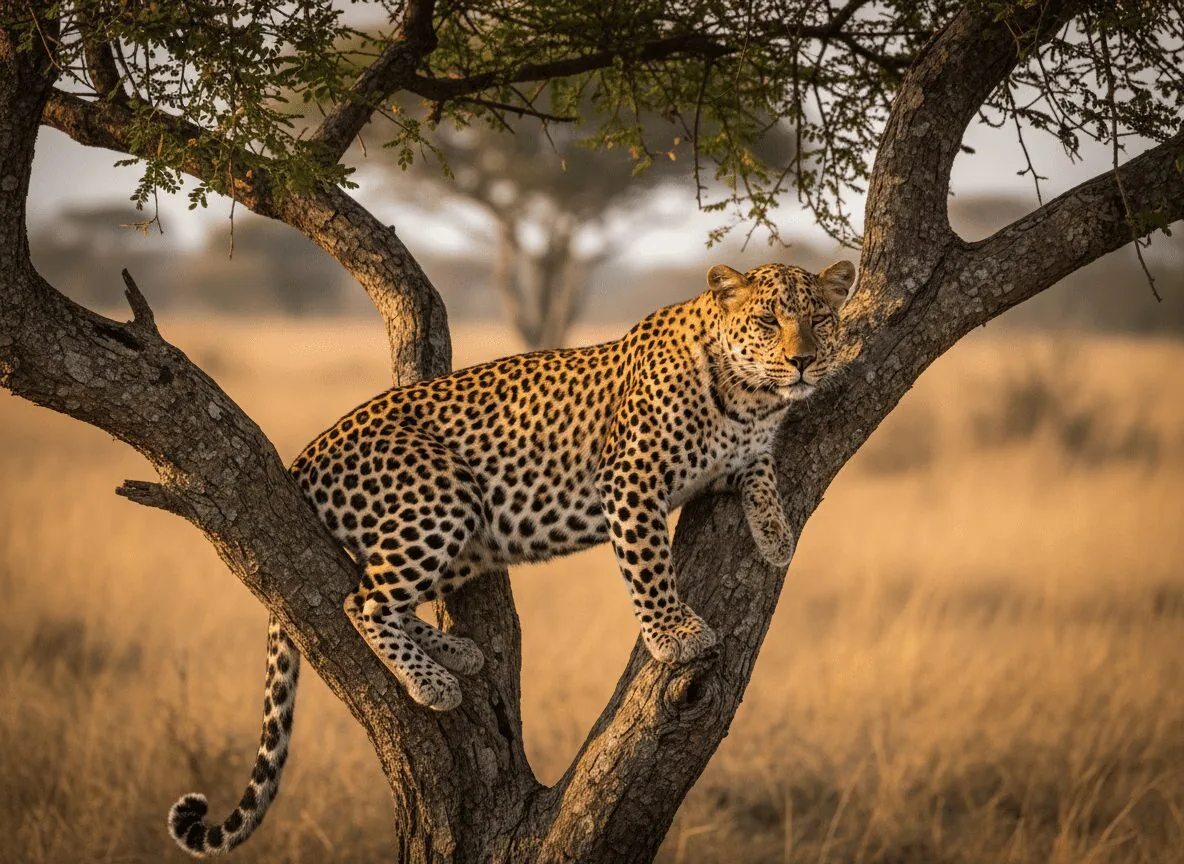 Leopard resting on an acacia tree branch in Kenyan savanna