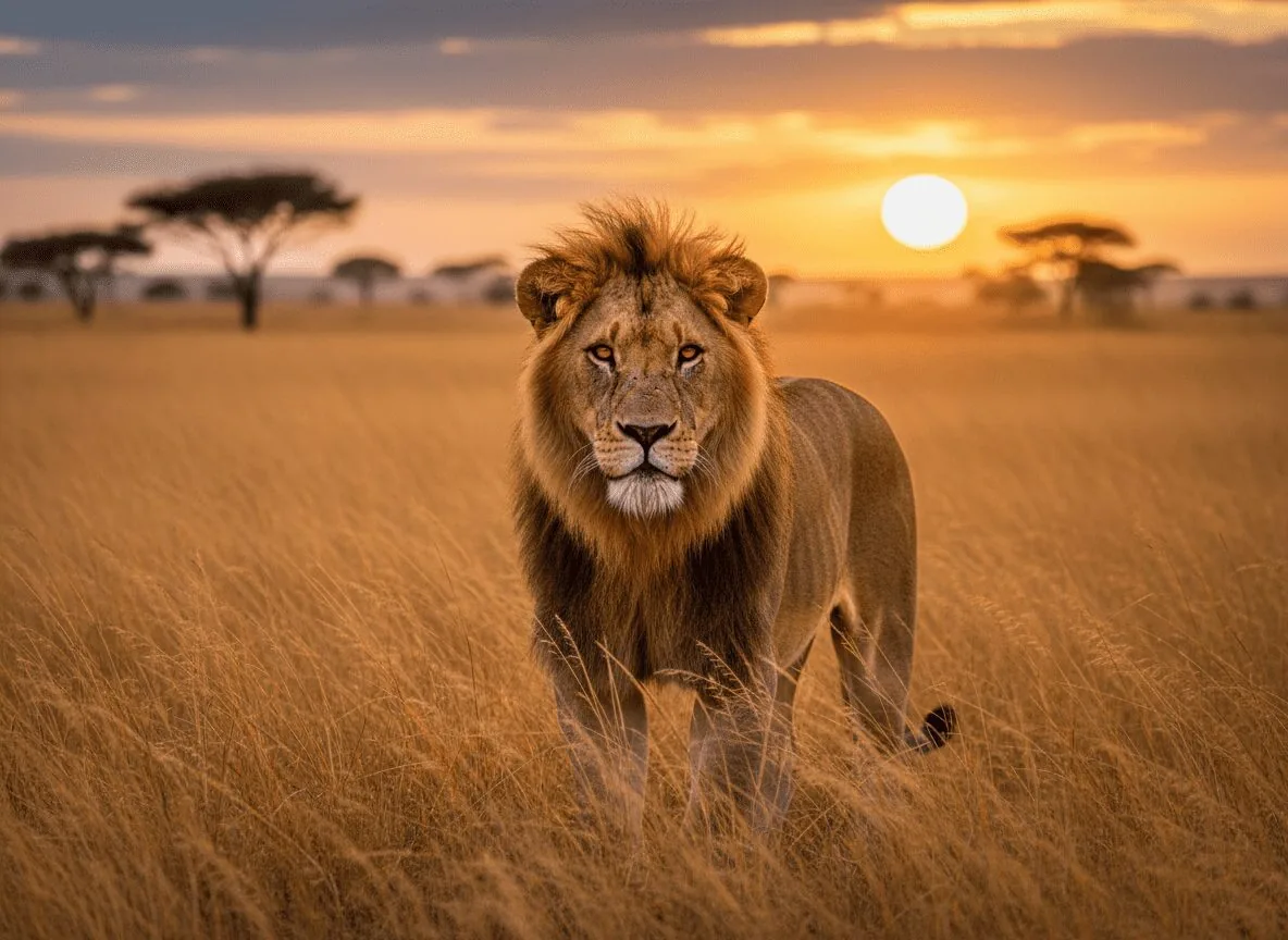 Male lion alert in golden Masai Mara grassland at dawn