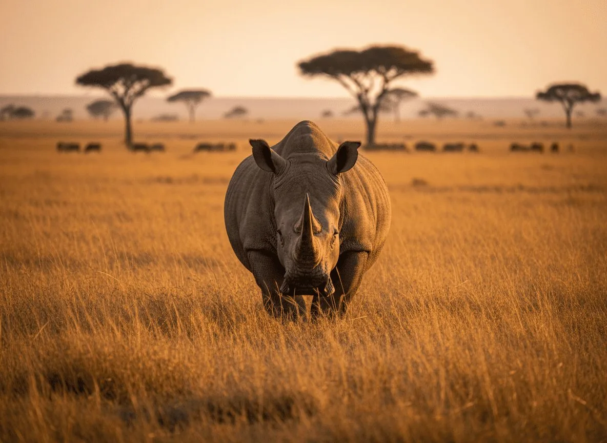 Black rhino grazing on open savanna under African sky