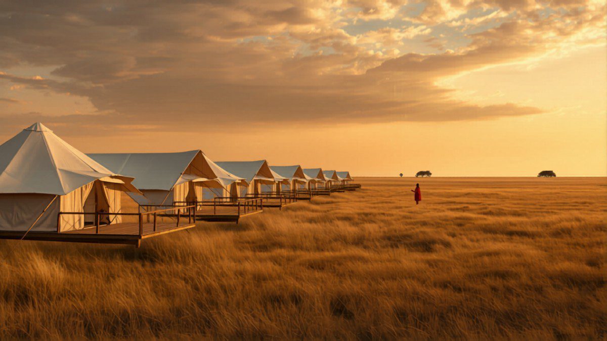 Simple but clean tented camp at sunrise with a safari vehicle ready for departure