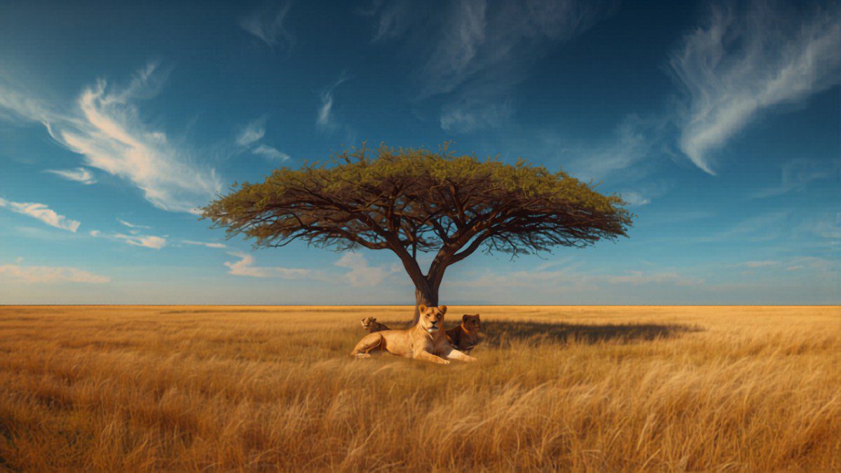 wildebeest herds visible, single acacia tree silhouetted