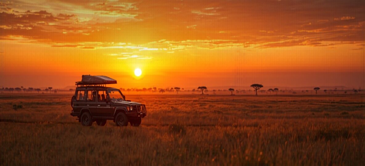 Masai Mara — alt: "kenya safari game drive vehicle at dawn in the Masai Mara"