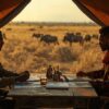 Safari itinerary and cost notes on a wooden lodge table with binoculars and a camera beside it