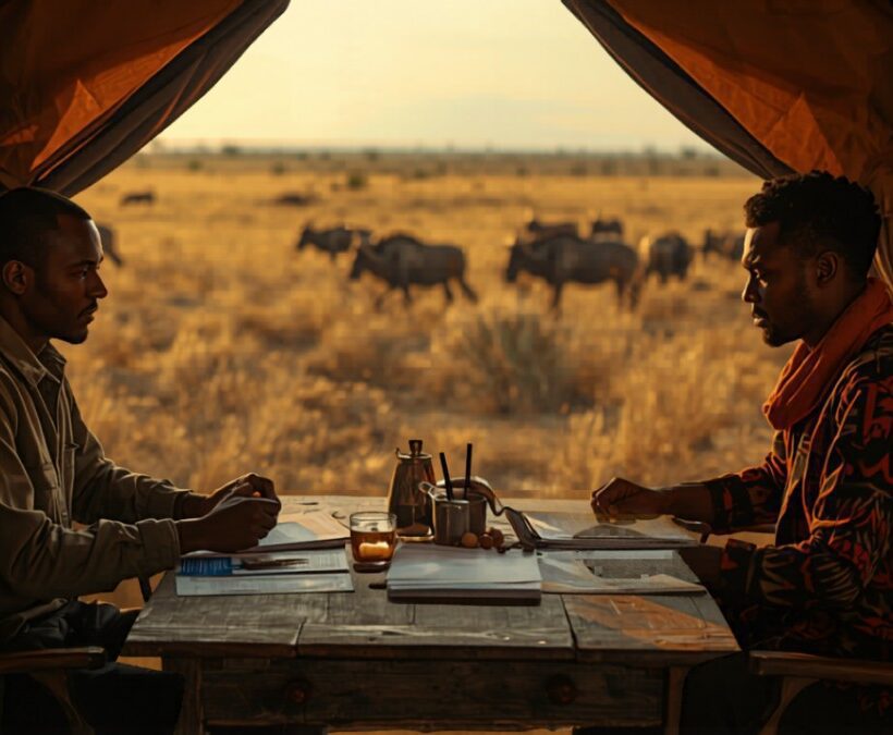 Safari itinerary and cost notes on a wooden lodge table with binoculars and a camera beside it