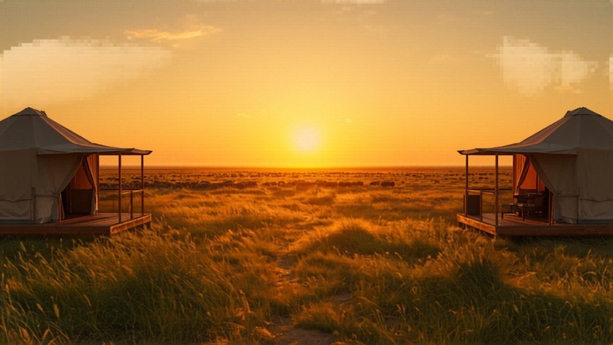 Migration-season tented camp deck facing open plains with wildebeest in the distance