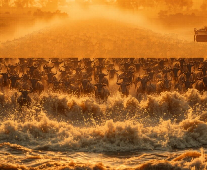 Aerial view of wildebeest and zebra herds stretching to the horizon across golden Masai Mara plains — scale impossible to convey from ground level