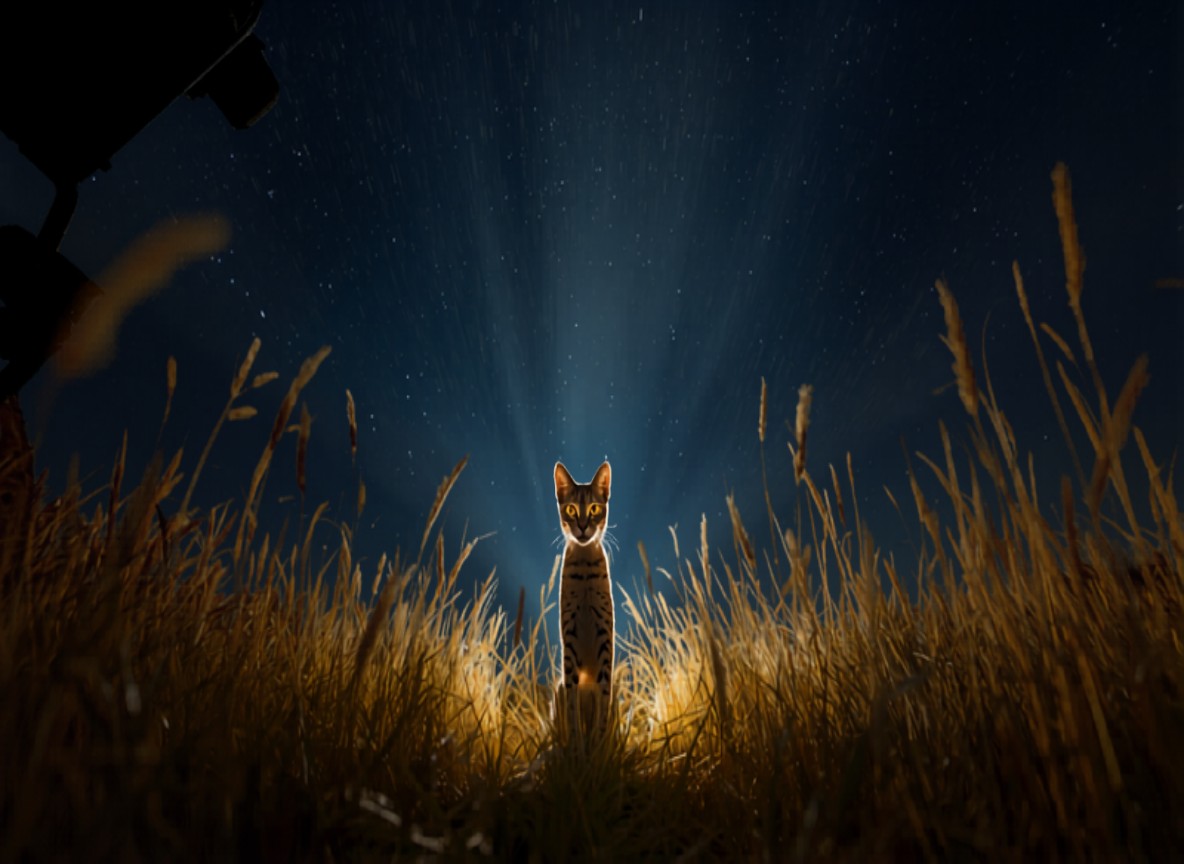 red spotlight illuminating a serval in the grass
