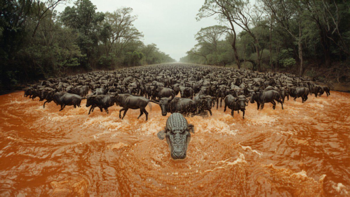murky water, crocodile visible, far bank crowded with animals completing the crossing