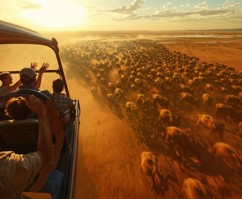 wildebeest herds visible across the grassland