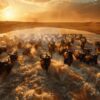 crocodiles visible, opposite bank crowded with animals waiting