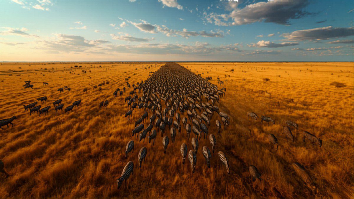 guests watching through binoculars, wildebeest mid-river