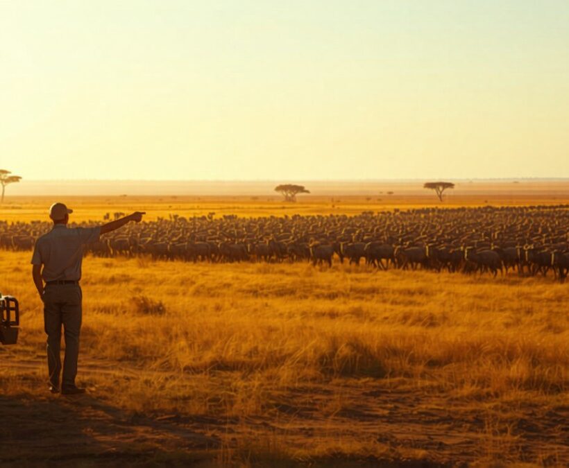 Safari guide checking a tablet map beside a vehicle with Mara plains behind him