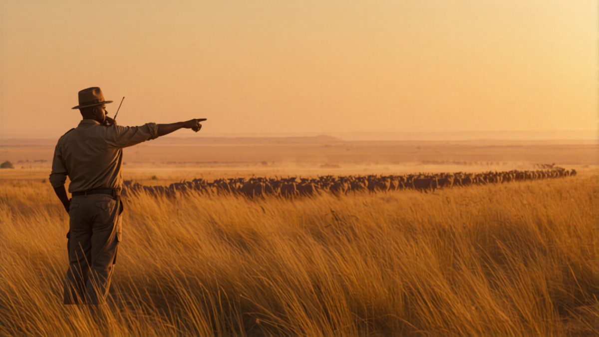Guide using radio beside a safari vehicle while guests look across open plains