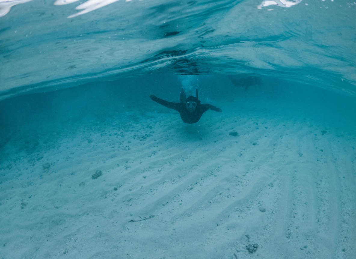 A snorkeler swimming over a vivid coral reef in clear turquoise water off Kenya's coast