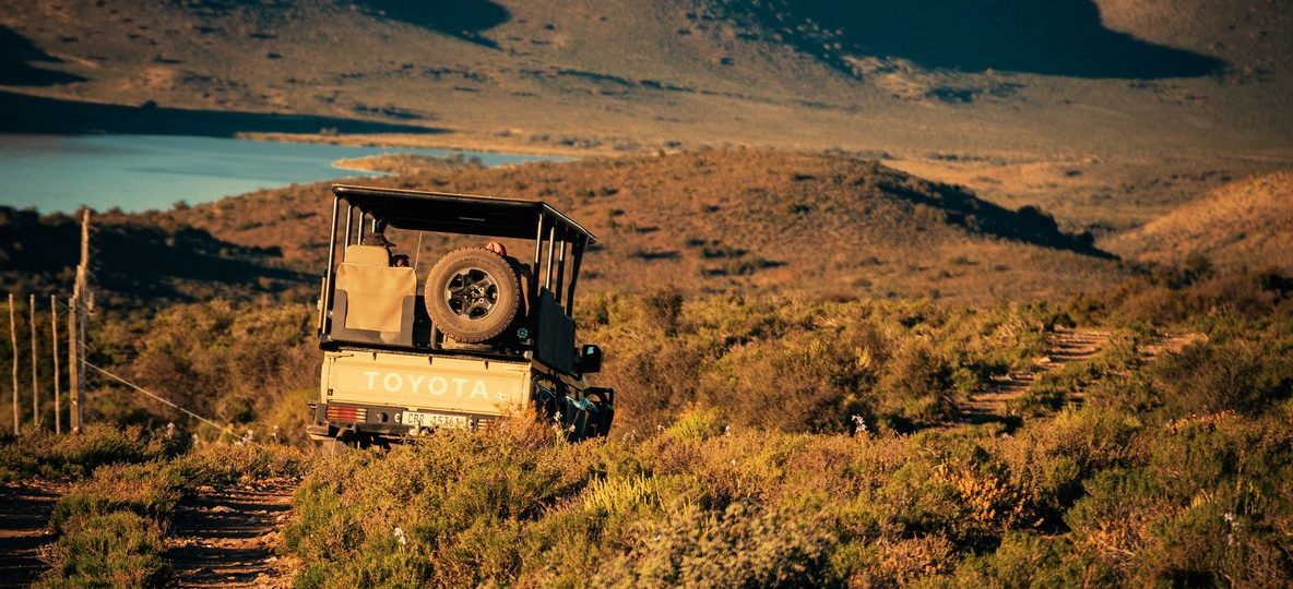 A safari vehicle on the Laikipia Plateau at sunrise with Mount Kenya visible on the horizon