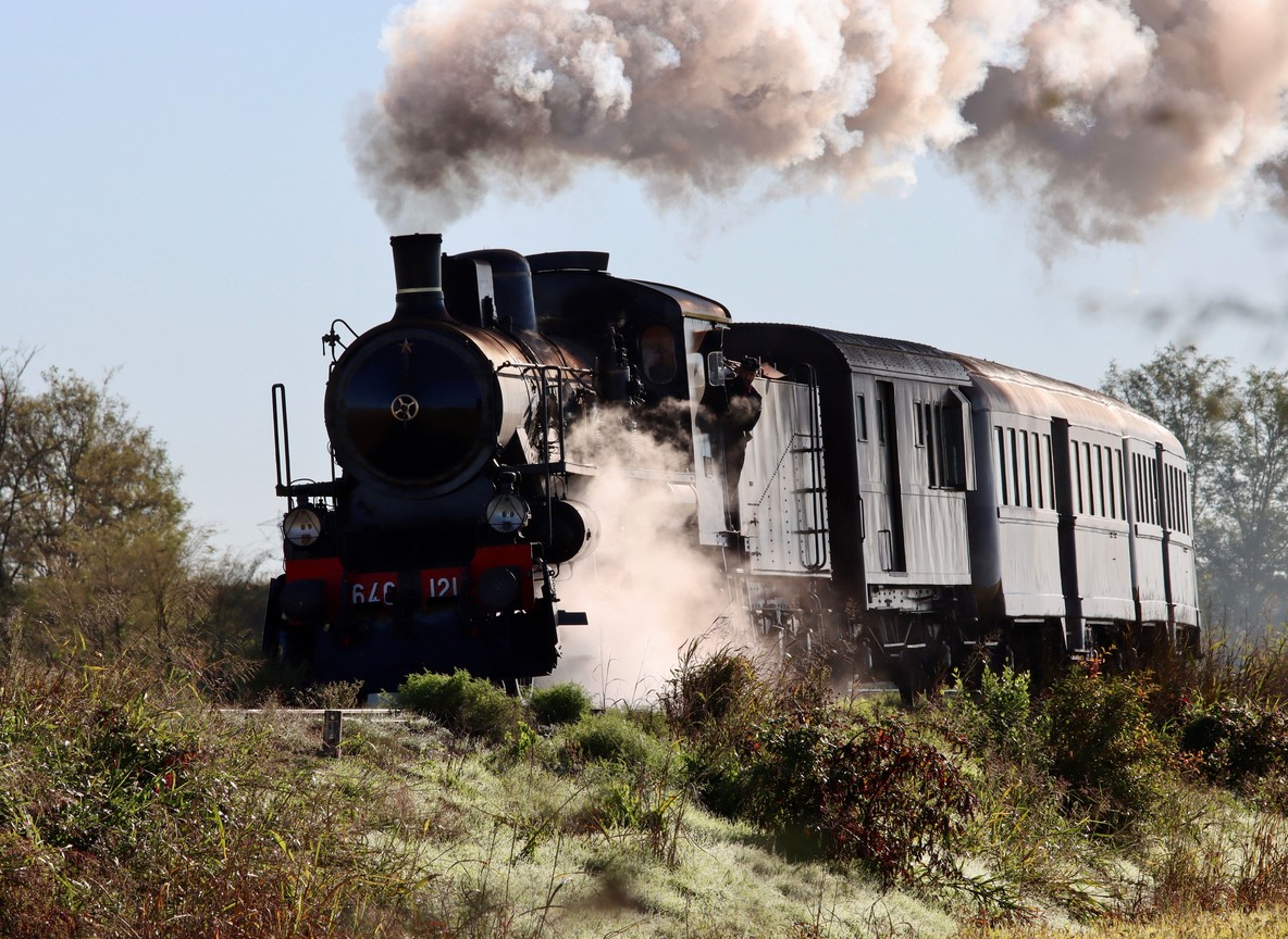 Restored vintage steam train engine and carriages preserved in a railway museum yard
